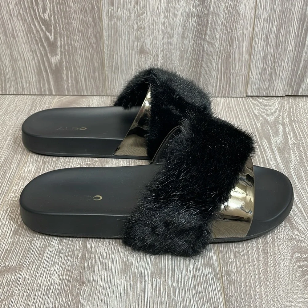 Aldo Gotta Black & Metallic Faux Fur Slide Sandal 7.5